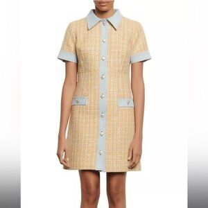 Sandro Mella Denim-Paneled Metallic Cotton-Blend Tweed Mini Dress Yellow&Blue